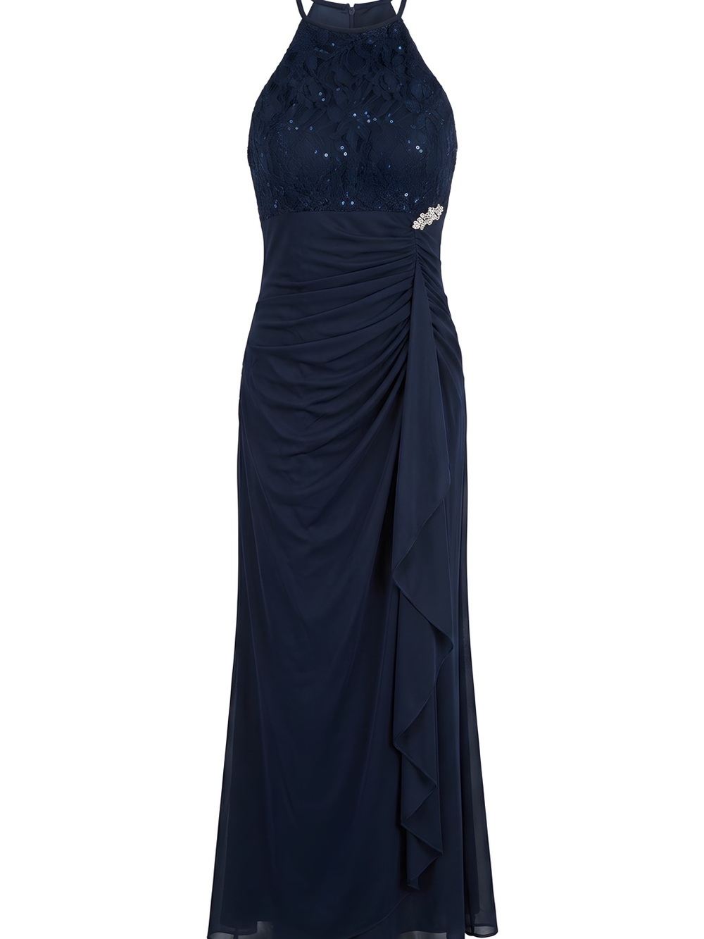 Betsy & Adam Midnight Blue Lace Prom Dress